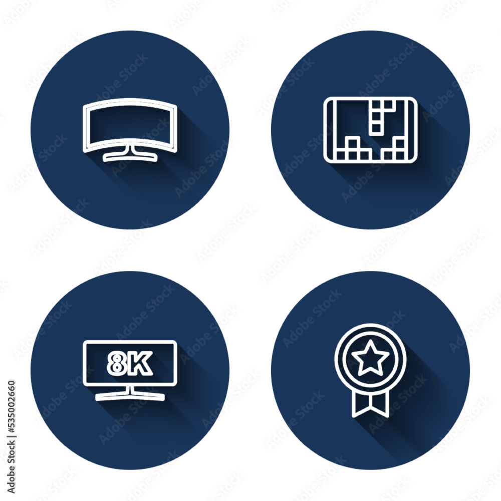 Poster set line computer monitor, portable video game console, and game rating with medal with long shadow.