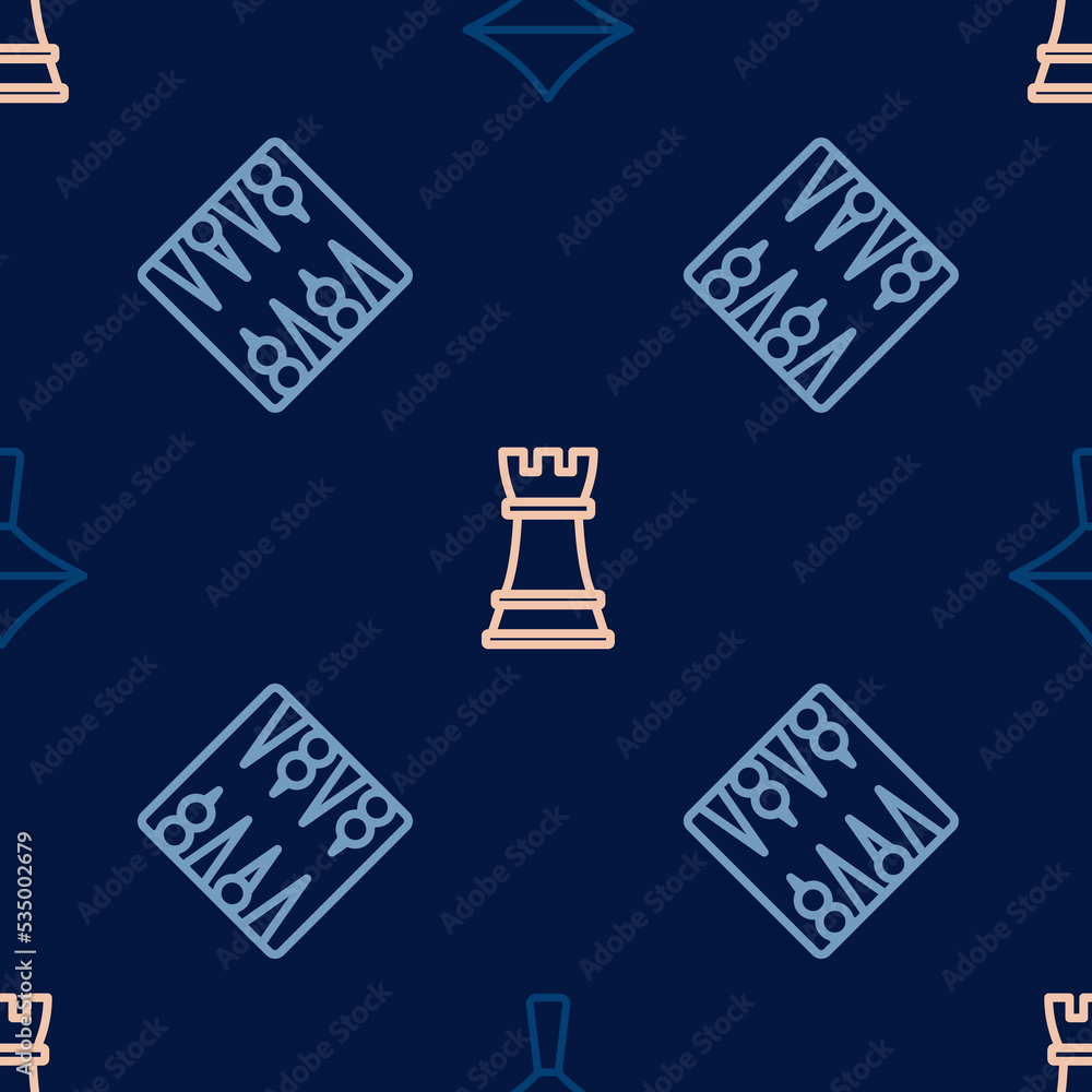 Poster set line whirligig toy, backgammon board and chess on seamless pattern. vector