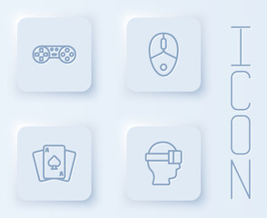Fototapeta premium Set line Game controller or joystick, Computer mouse, Playing cards and Virtual reality glasses. White square button. Vector