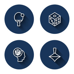 Set line Racket, Game dice, and Whirligig toy with long shadow. Blue circle button. Vector