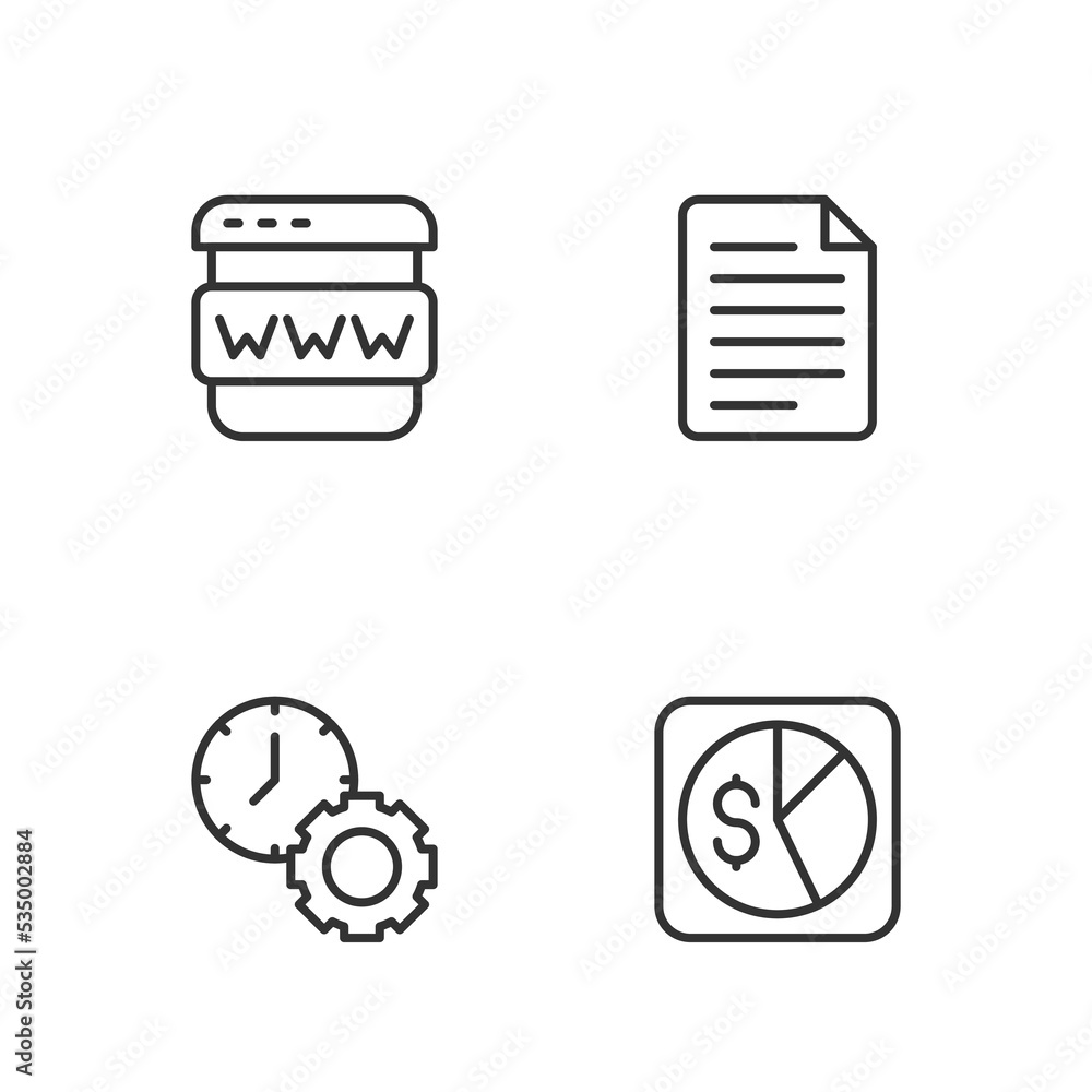 Poster set line market analysis, time management, browser window and file document icon. vector