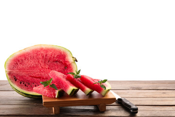 Stand with slices of ripe watermelon and knife on table against white background