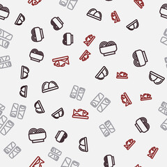 Set line Sushi, Asian noodles in bowl, Guotie and Served fish on plate on seamless pattern. Vector