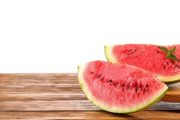 Stand with slices of ripe watermelon and mint on table against white background