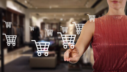 Trendy woman touching button symbol shopping cart online concept, Woman's finger click icon on...