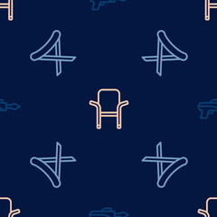 Set line Fishing harpoon, Camping folding chair and on seamless pattern. Vector