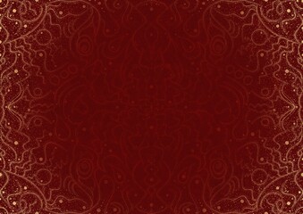 Hand-drawn unique abstract ornament. Light red on a deep red background, with vignette of same pattern and splatters in golden glitter. Paper texture. Digital artwork, A4. (pattern: p07-2a)