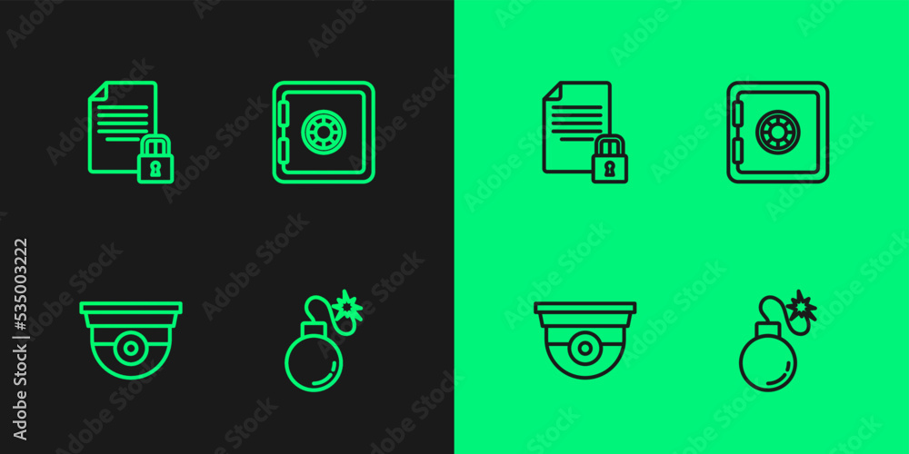 Poster set line bomb, security camera, document and lock and safe icon. vector