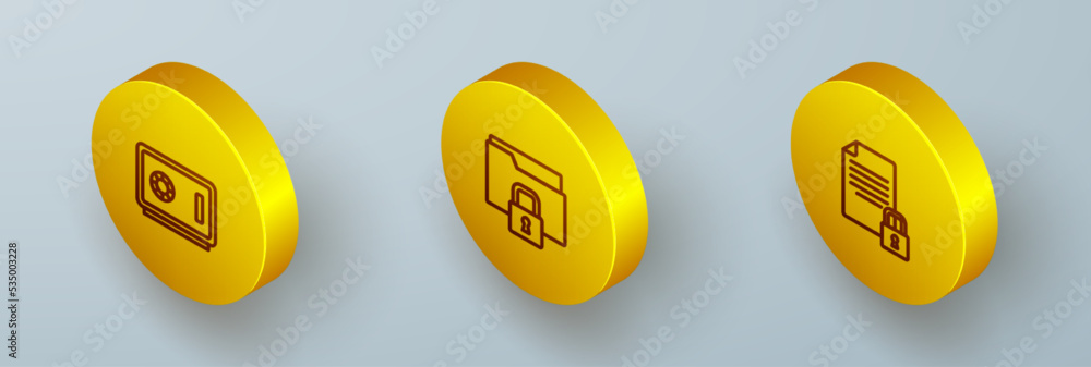 Poster set isometric line safe, folder and lock and document icon. vector