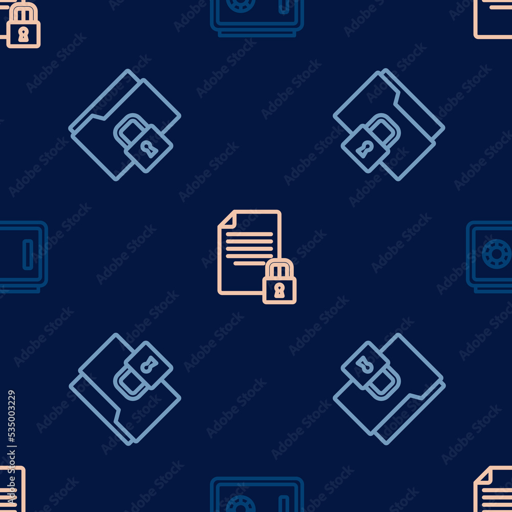 Poster set line safe, folder and lock and document on seamless pattern. vector