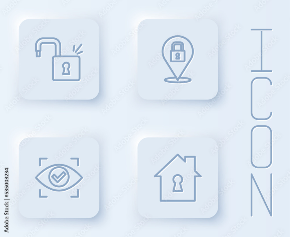 Poster set line open padlock, lock, eye scan and house under protection. white square button. vector