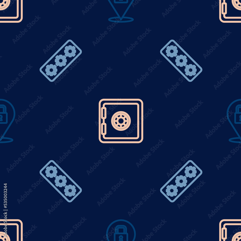 Poster set line lock, password protection and safe on seamless pattern. vector