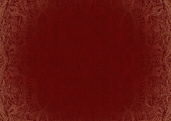Hand-drawn unique abstract ornament. Light red on a deep red background, with vignette of same pattern and splatters in golden glitter. Paper texture. Digital artwork, A4. (pattern: p09b)