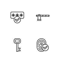 Set line Fingerprint, Old key, Password protection and Parking car barrier icon. Vector