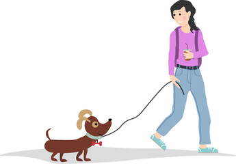 A girl is walking down the street with a small dog. Vector illustration isolated on white background. For flyers and posters, covers and brochures, advertisements and web pages, social networks