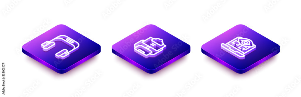 Poster set isometric line headphones, cloud database and computer vision icon. vector