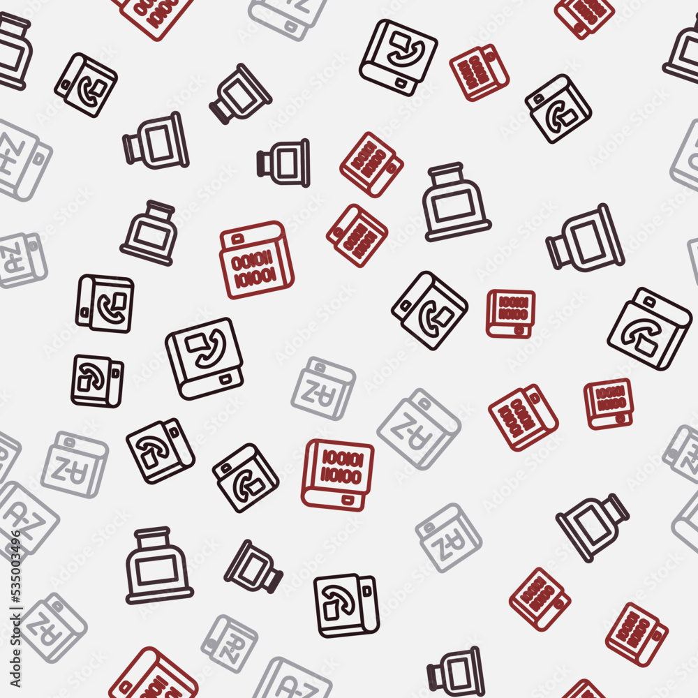 Poster set line phone book, inkwell, translator and books about programming on seamless pattern. vector