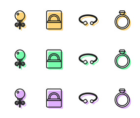 Fototapeta premium Set line Bracelet jewelry, Stud earrings, Diamond engagement box and icon. Vector