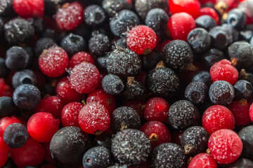 Frozen berries. Frozen blueberry, black currant and red currant. Preserved food. Natural antioxidant. Summer vitamin. Healthy food. Frozen food concept. Fresh iced berries.