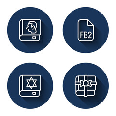 Set line Law book, FB2 File, Jewish torah and Book as gift with long shadow. Blue circle button. Vector