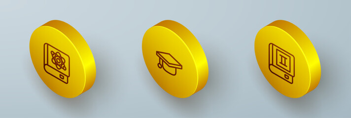 Set Isometric line Book about physics, Graduation cap and icon. Vector