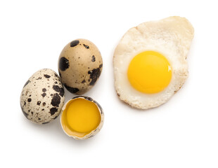 Fried and raw quail eggs on white background