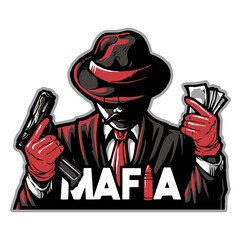 mafia gangster in hat with gun and money, vector, logo, cartoon, mascot, character, illustration