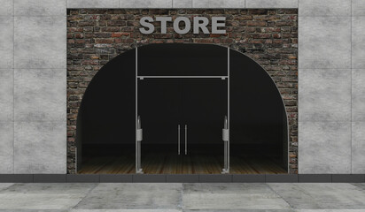 Empty Store Front with Big Arch Window with lights off inside