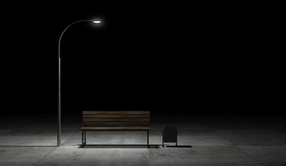 Glowing Street Lamp at Night with bench - 535004241