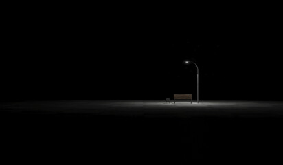 Glowing Street Lamp at Night with bench