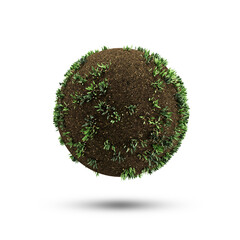 Wet Dirt Sphere with growing Grass on white background