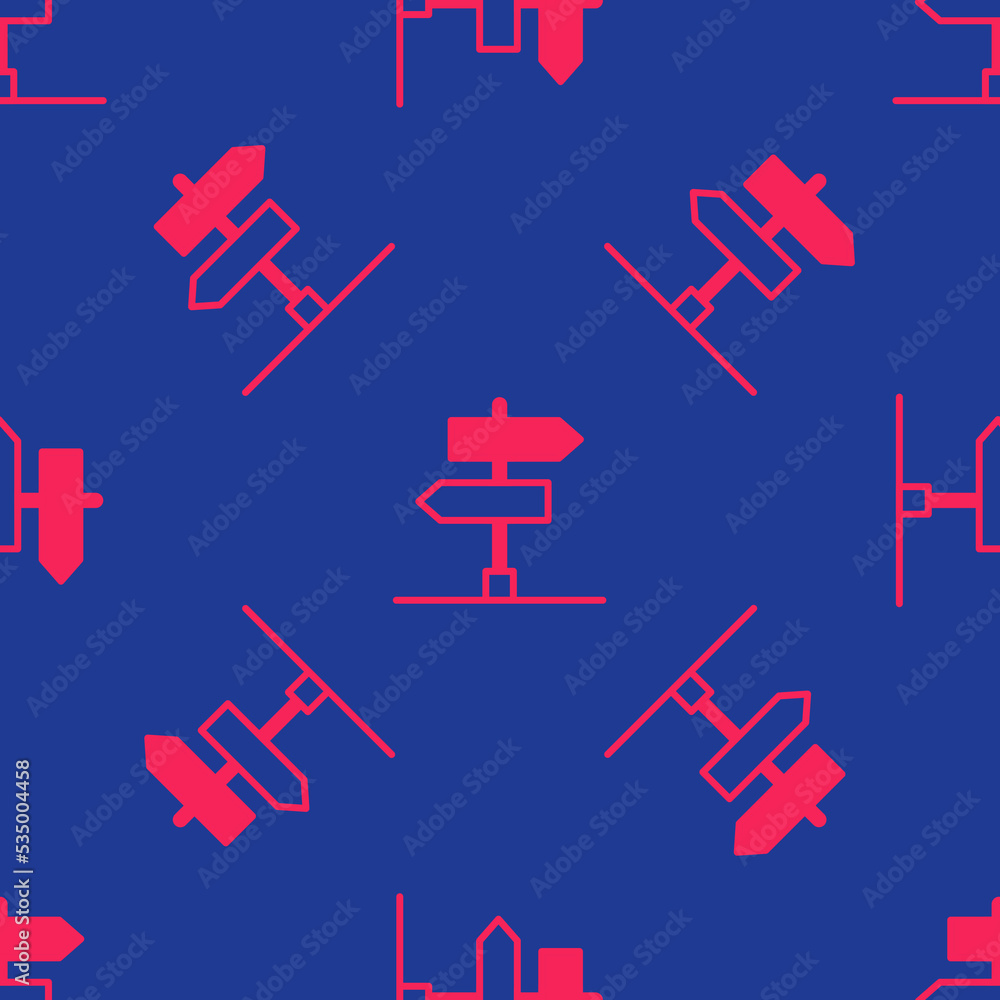 Poster red road traffic sign. signpost icon isolated seamless pattern on blue background. pointer symbol. i