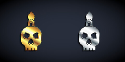Gold and silver Burning candle on a skull icon isolated on black background. Day of dead. Long shadow style. Vector