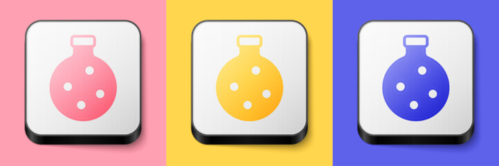 Isometric Bottle with potion icon isolated on pink, yellow and blue background. Flask with magic potion. Happy Halloween party. Square button. Vector