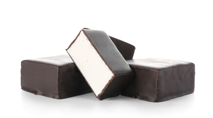Heap of tasty bird's milk candies on white background