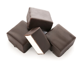 Heap of tasty bird's milk candies on white background, closeup
