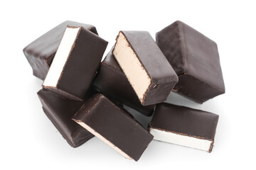 Heap of tasty bird's milk candies on white background