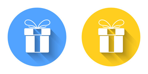 White Gift box icon isolated with long shadow background. Merry Christmas and Happy New Year. Circle button. Vector