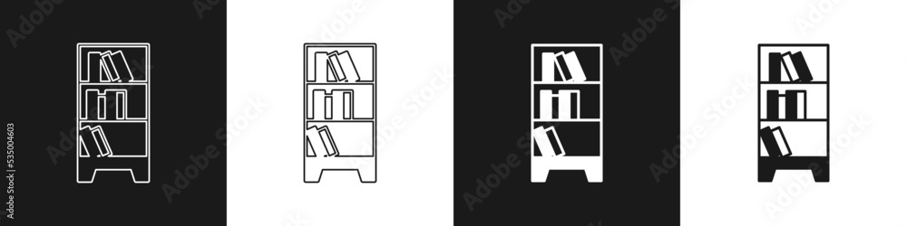 Poster set library bookshelf icon isolated on black and white background. vector