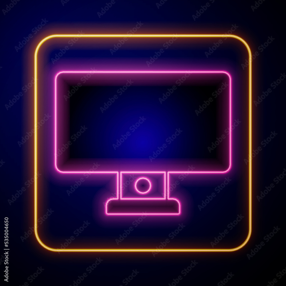 Aufkleber glowing neon computer monitor icon isolated on black background. pc component sign. vector