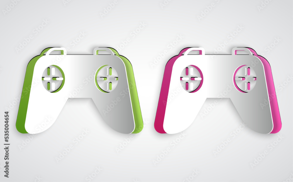 Poster paper cut game controller or joystick for game console icon isolated on grey background. paper art s
