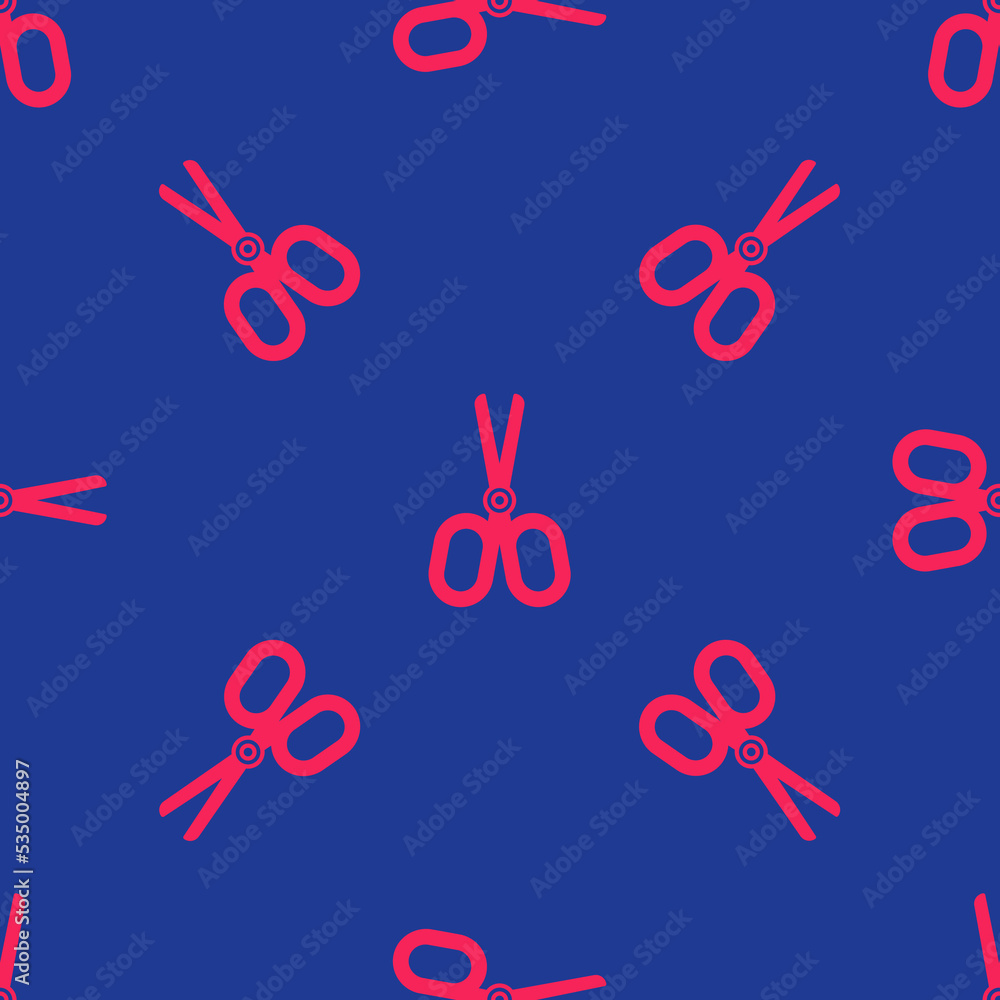 Poster red scissors icon isolated seamless pattern on blue background. tailor symbol. cutting tool sign. ve
