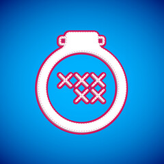 White Round adjustable embroidery hoop icon isolated on blue background. Thread and needle for embroidery. Vector