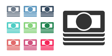Black Stacks paper money cash icon isolated on white background. Money banknotes stacks. Bill currency. Set icons colorful. Vector