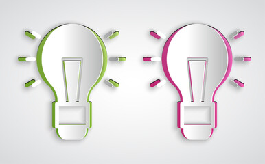 Paper cut Light bulb with concept of idea icon isolated on grey background. Energy and idea symbol. Inspiration concept. Paper art style. Vector