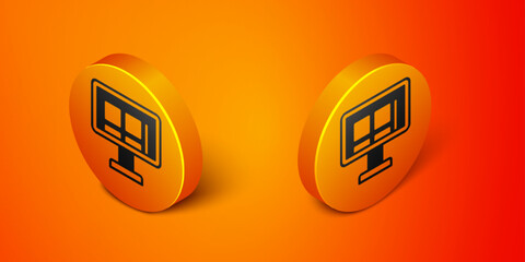 Isometric Online shopping on screen icon isolated on orange background. Concept e-commerce, e-business, online business marketing. Orange circle button. Vector