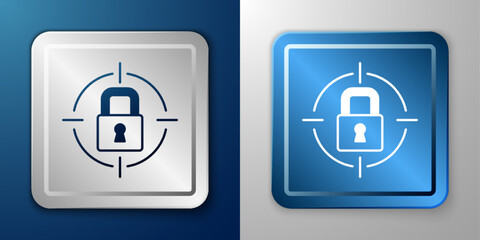 White Lock icon isolated on blue and grey background. Padlock sign. Security, safety, protection, privacy concept. Silver and blue square button. Vector