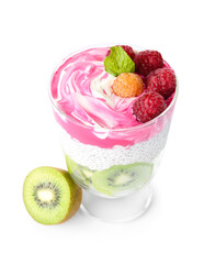 Glass with delicious chia seed pudding, fruits and berries on white background