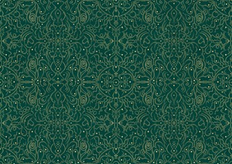 Hand-drawn unique abstract symmetrical seamless gold ornament on a dark cold green background. Paper texture. Digital artwork, A4. (pattern: p07-2b)