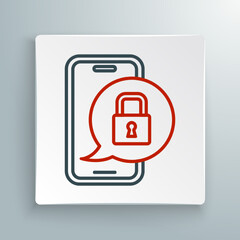 Obraz premium Line Smartphone with closed padlock icon isolated on white background. Phone with lock. Mobile security, safety, protection concept. Colorful outline concept. Vector